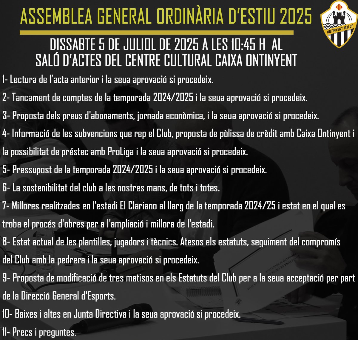 ▶️ Convocatòria de l'Assemblea General Ordinària d'Estiu 2025

📌 Centre Cultural Caixa Ontinyent

📆 Dissabte 5 de juliol de 2025 a les 10:45h

▶️ ontinyent1931cf.com/?p=1692