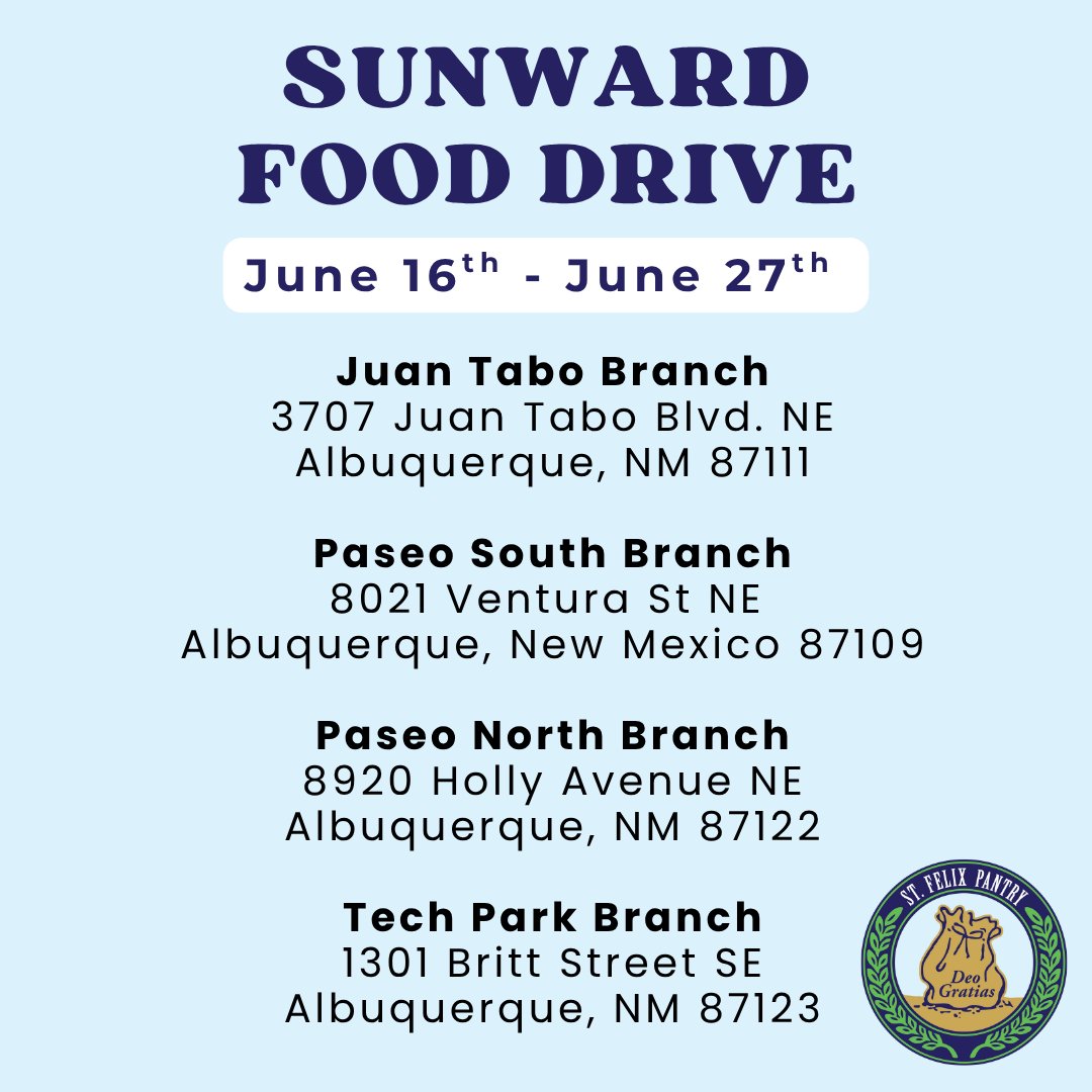 StFelixPantry's tweet image. #ThankYou Sunward! Support St. Felix Pantry by dropping off #NonPerishable food at one of 11 locations across Albuquerque and Rio Rancho. The #FoodDrive runs June 16-27. 
#Donate #RioRancho #NewMexico #Albuquerque #FoodPantry #HelpFightHunger