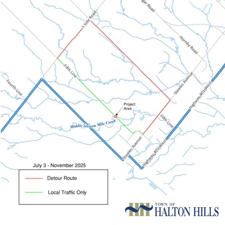 NOTICE OF CONSTRUCTION 🚧 Please be advised that Fifth Line will be closed to all through traffic between Steeles Avenue and 5 Side Road with a detour via Sixth Line from July 3, 2025 to approximately November 2025 for the purpose of the rehabilitation of bridge #4 (Fifth Line