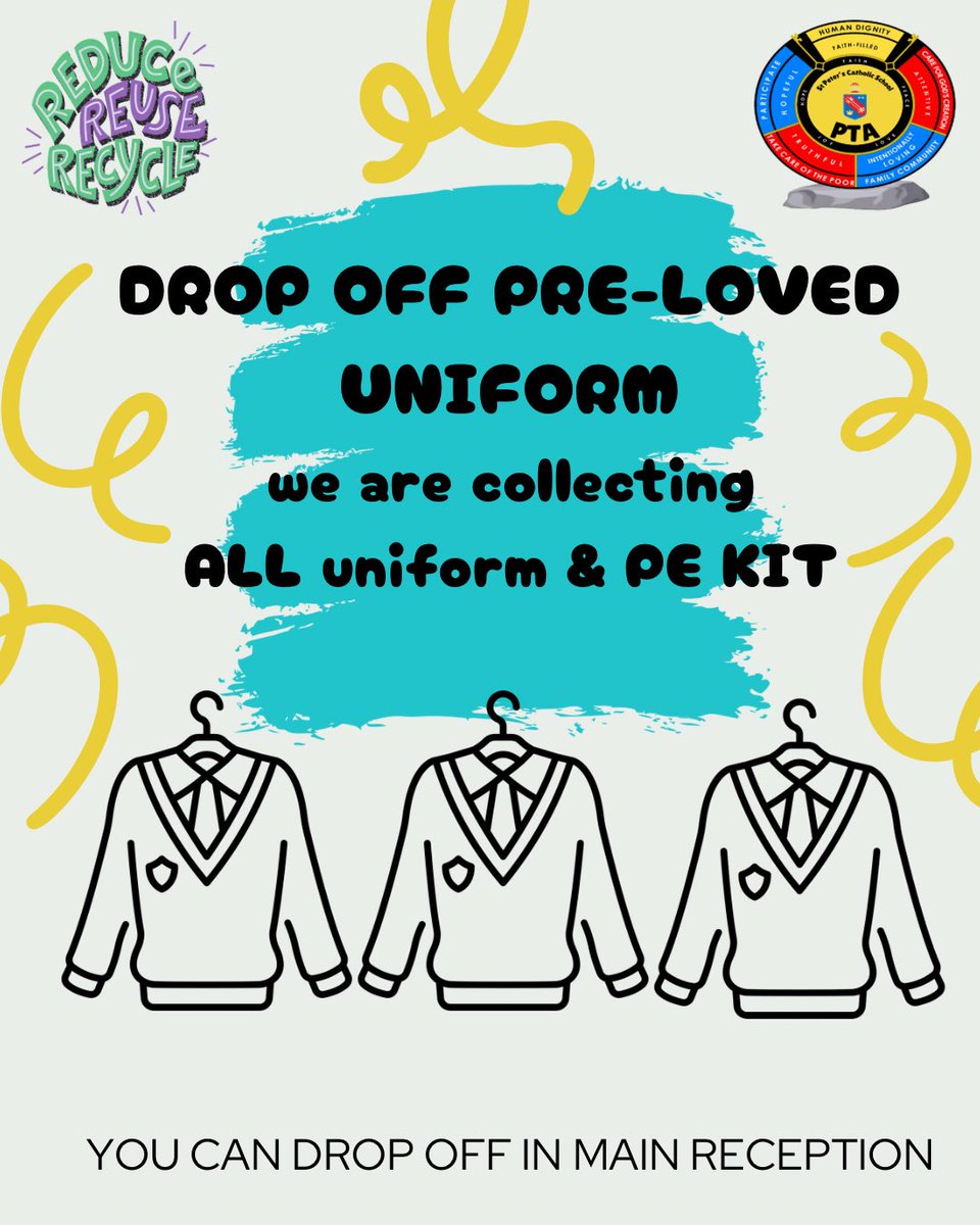 Pupilvoice@StPeters (@pupilvoicestp) on Twitter photo ALERT YEAR 11 leavers! We will be collecting ALL types of uniform this week including PE kits. Bins will be set up in main reception for drop off. <a href="/StPetersSch/">St Peter's Catholic School</a> ALERT YEAR 11 leavers! We will be collecting ALL types of uniform this week including PE kits. Bins will be set up in main reception for drop off. <a href="/StPetersSch/">St Peter's Catholic School</a>