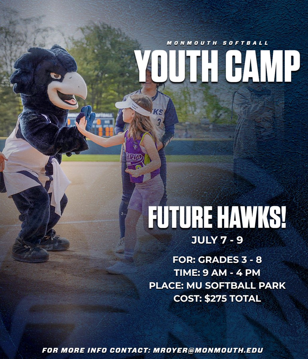 🥎 Future Hawks, it’s your time!

Join us July 7–9 for Monmouth Softball Youth Camp at MU Softball Park! Grades 3–8, $275 total.

Use the link below or email Coach Royer to sign up!

🔹 register.ryzer.com/camp.cfm?sport…

#FlyHawks