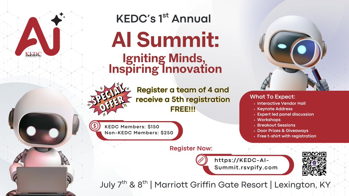 🚨 LAST CHANCE! Today’s the final day to get your discounted hotel 🏨 for KEDC’s AI Summit 🤖🧠July 7–8 in Lexington!
🎟️ $150 KEDC / $250 non
 👥Register 4, get 5th FREE!
🎯 Don’t wait ➡️ KEDC-AI-Summit.rsvpify.com
#AISummitKY #AIinEd #WeAreKEDC