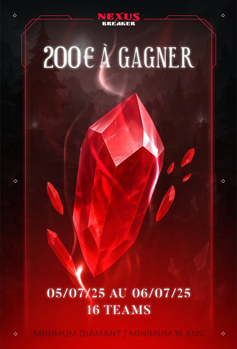 🔴 C’est le début d’une nouvelle ère sur la Faille ⚪️

Le #NexusBreaker débarque pour sa 1ère édition sur #LoL !

🗓️ 5 &amp; 6 Juillet
💰 200€ à la clé
💎 Minimum Diamant / 16 ans requis

Inscrivez vous dès maintenant 👇
#OSVWIN