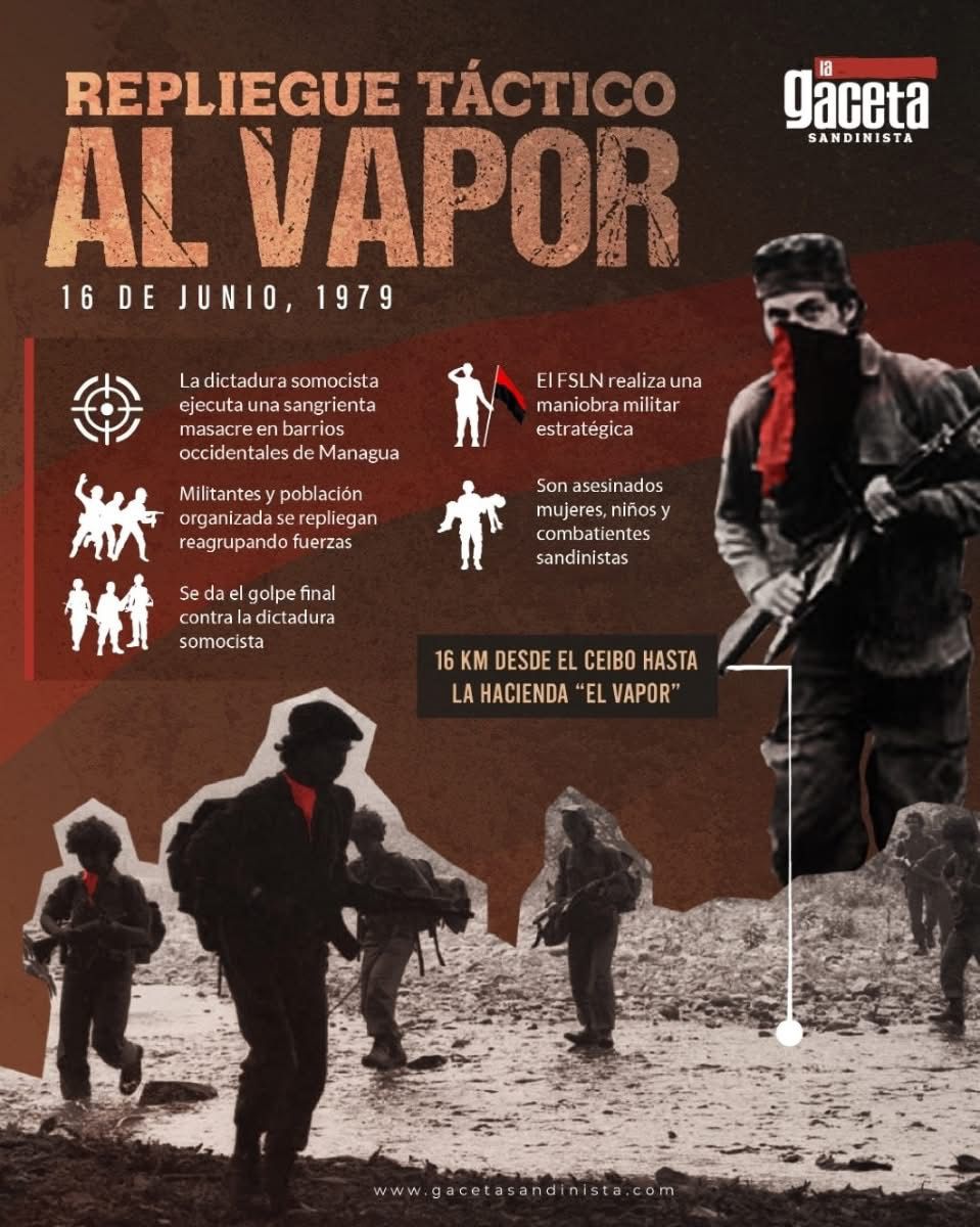 🔴⚫️✊🏻 Conmemoramos el aniversario del histórico Repliegue Táctico al Vapor, ocurrido un 16 de junio de 1979, aquella gesta marcó un punto de inflexión en la lucha revolucionaria, que pocos días después permitió al FSLN  asestar el golpe final a la dictadura somocista.