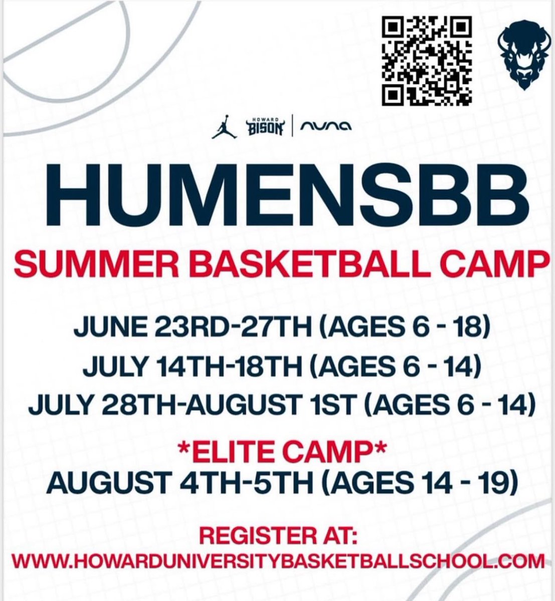 2 thumbs up when you realize Howard Basketball Camp starts next week!

Register at howarduniversitybasketballschool.com

All camps EXCEPT Elite Camp are open to both boys and girls.

Full dates and ages. ⬇️ 

June 23-27 (6-18)
July 15-19 (6-14)
July 28-August 1 (6-14)
August 4-5 (14-19)