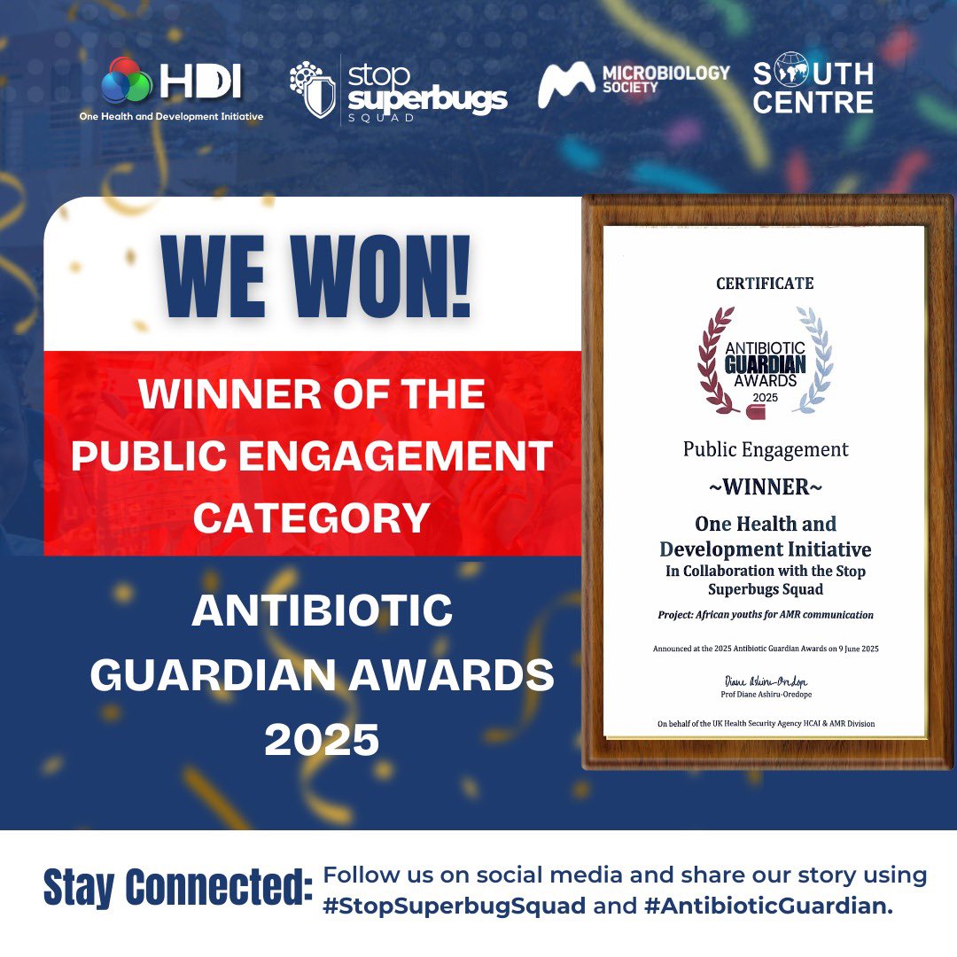Stop Superbugs Squad (@superbugssquad) on Twitter photo We WON the 2025 #AntibioticGuardianAwards! 🏆
Our project ‘African Youths for AMR Communication’ in collaboration with #OHDI reached 7.6M+ people. 🌍
Thank you <a href="/UKHSA/">UK Health Security Agency</a> for spotlighting youth-led AMR action! Big thanks to our funders #SouthCenter #MicrobiologySociety
#Youth4AMR We WON the 2025 #AntibioticGuardianAwards! 🏆
Our project ‘African Youths for AMR Communication’ in collaboration with #OHDI reached 7.6M+ people. 🌍
Thank you <a href="/UKHSA/">UK Health Security Agency</a> for spotlighting youth-led AMR action! Big thanks to our funders #SouthCenter #MicrobiologySociety
#Youth4AMR