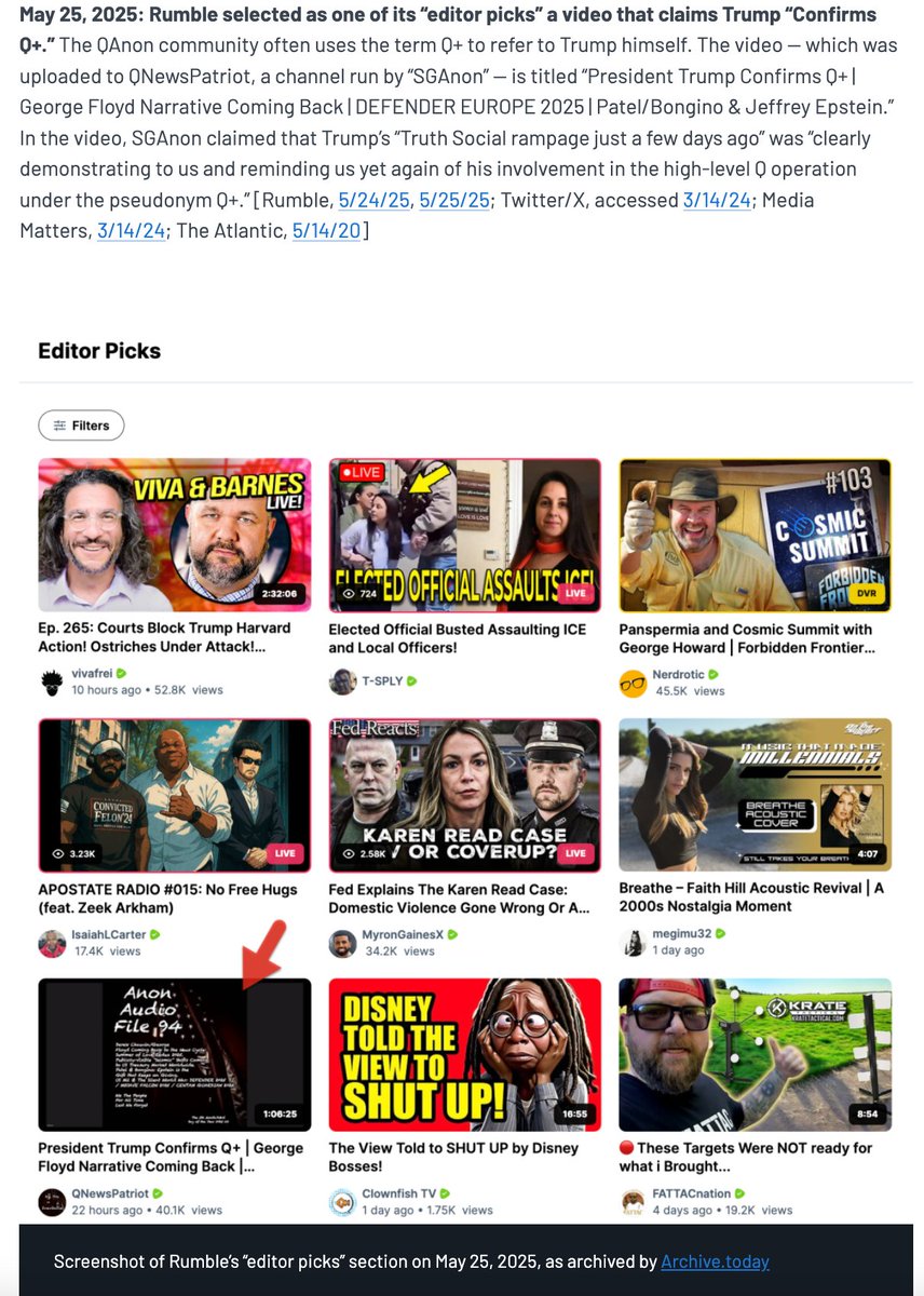 This piece tracking conspiracy content among Rumble's "editor pick" videos has been updated yet again with an “editor pick” video from a QAnon figure that claims that Trump "confirms Q+." (The QAnon community often uses the term Q+ to refer to Trump himself.)