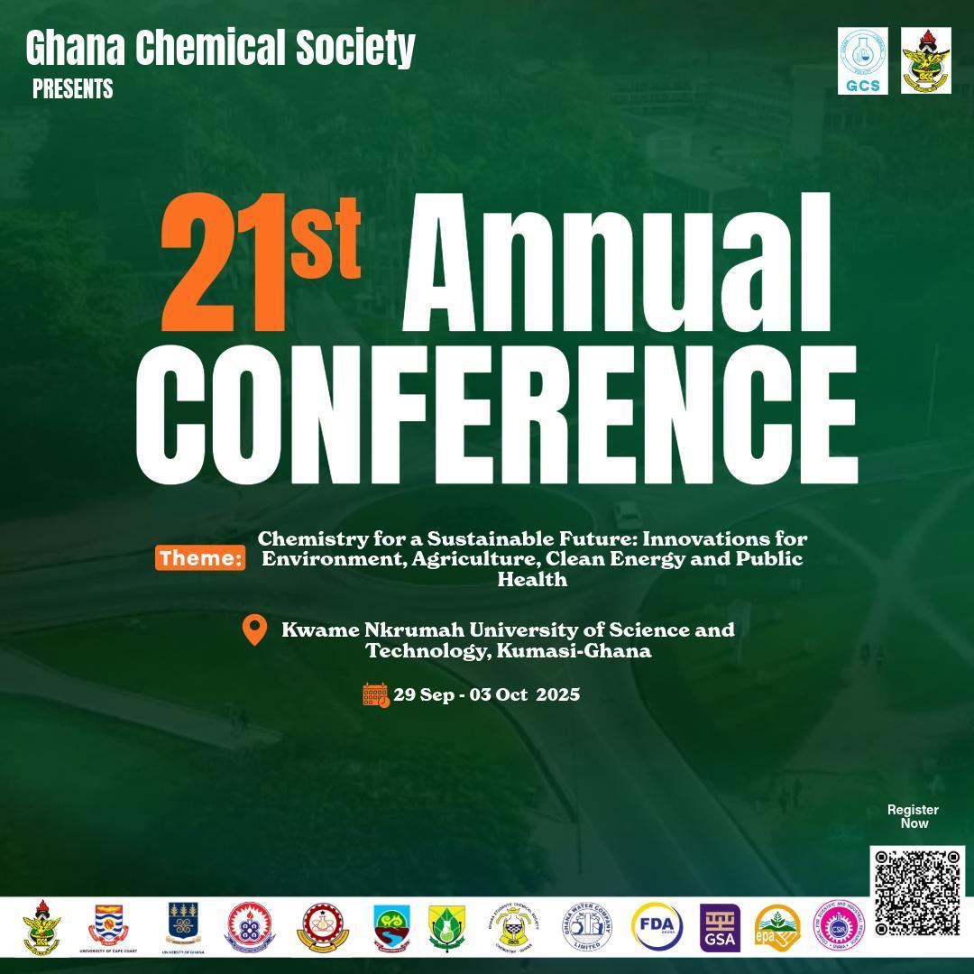membership_GCS's tweet photo. 🧪 Register Now! Join the 21st Ghana Chemical Society Conference 📍 KNUST, Kumasi | 🗓 29 Sep – 03 Oct 2025 🎯 Theme: Chemistry for a Sustainable Future 💳 Early Bird &amp; Student Discounts Available! 🔗 Register Here: https://t.co/c2G2yPBuH7 https://t.co/kTsFfPxysq