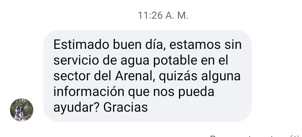 #DenunciasCiudadanas 
Moradores del sector El Arenal de Tumbaco reportan un corte de servicio de agua. Su atención <a href="/aguadequito/">Epmaps - Agua de Quito</a> <a href="/zonaltumbaco/">Zonal Tumbaco</a>