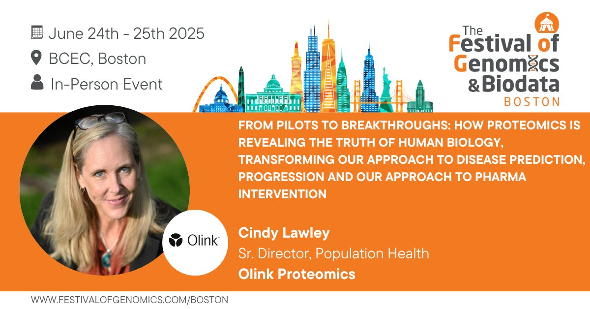 If your interests lie in #proteomics, you don’t want to miss this talk by Cindy Lawley (Sr. Director, Population Health, <a href="/OlinkProteomics/">Olink Proteomics</a>) at The Festival of Genomics &amp; Biodata, Boston. Get your ticket now: hubs.la/Q03rRdtt0 #FOGBoston