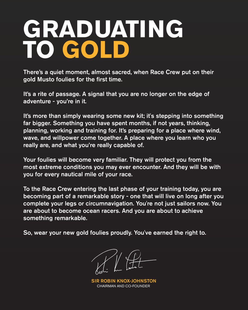 Musto Clothing (@mustoclothing) on Twitter photo Wise words from the legendary Sir Robin Knox-Johnston as the <a href="/ClipperRace/">Clipper Round the World Yacht Race</a> Crew hone their skills on Level 4 Training – the final stage of intensive training before their challenge begins! 🙌 - it's time to Graduate to Gold! 💛🌊⛵️
#TeamMusto #ClipperRace Wise words from the legendary Sir Robin Knox-Johnston as the <a href="/ClipperRace/">Clipper Round the World Yacht Race</a> Crew hone their skills on Level 4 Training – the final stage of intensive training before their challenge begins! 🙌 - it's time to Graduate to Gold! 💛🌊⛵️
#TeamMusto #ClipperRace