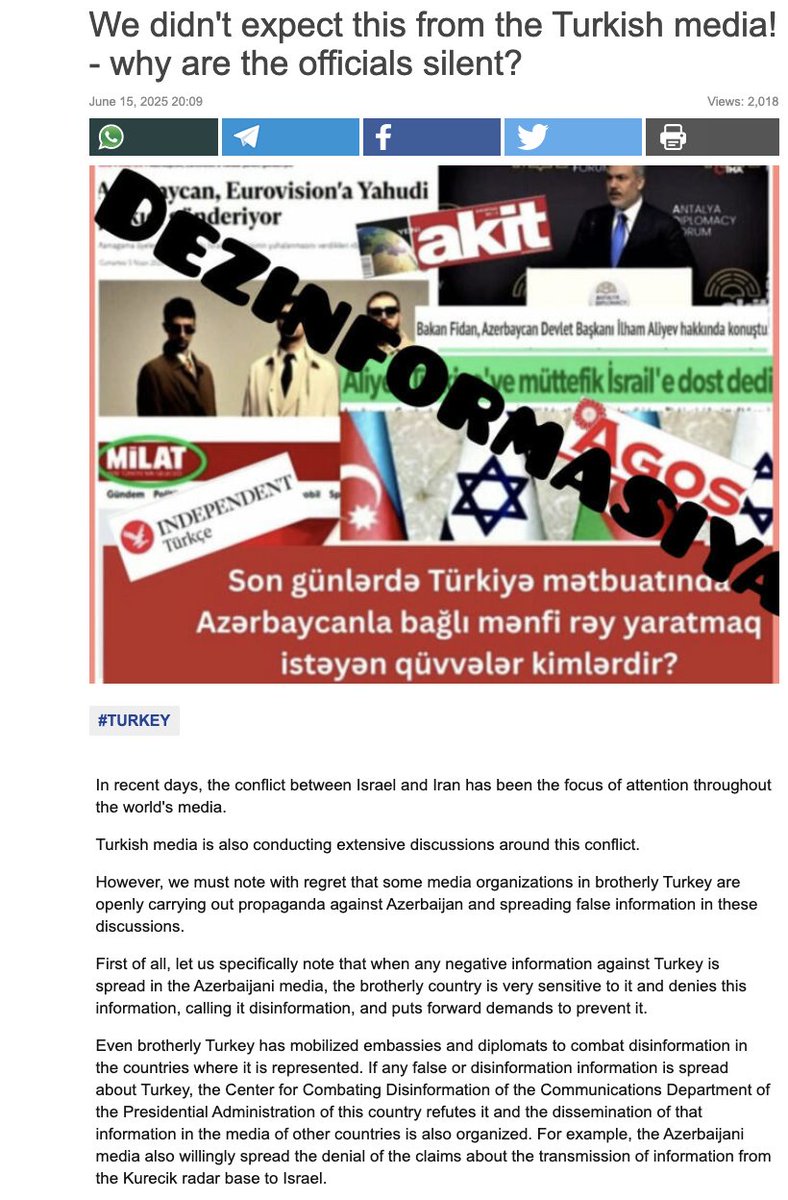 Azerbaijani state media is furious that outlets in "brotherly Turkey" are accusing AZ (one of Israel's closest allies) of aiding Israel against Iran, and is calling on Turkish officials to punish the journalists responsible.

"It's like they're cooperating with Armenians!"