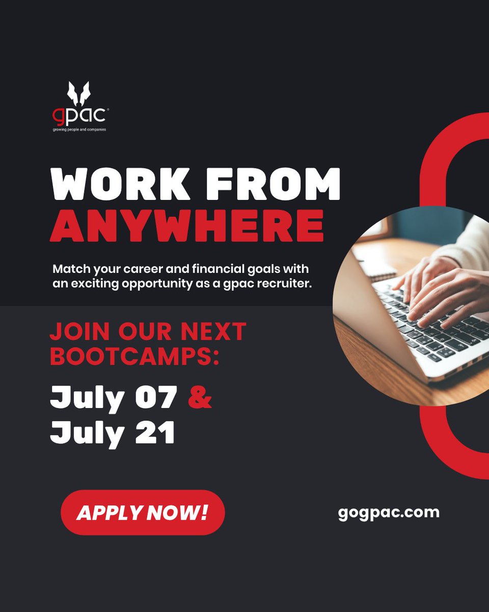 gpac (@gogpac) on Twitter photo Imagine a job where you can grow your income while working from home!
💻 Join our remote team and become a recruiter with gpac!
🗓 Bootcamps: July 07 & July 21
🔗 bit.ly/3HfbmhX
#WorkFromAnywhere #RemoteWork #RemoteJob #Jobs #Career Imagine a job where you can grow your income while working from home!
💻 Join our remote team and become a recruiter with gpac!
🗓 Bootcamps: July 07 & July 21
🔗 bit.ly/3HfbmhX
#WorkFromAnywhere #RemoteWork #RemoteJob #Jobs #Career