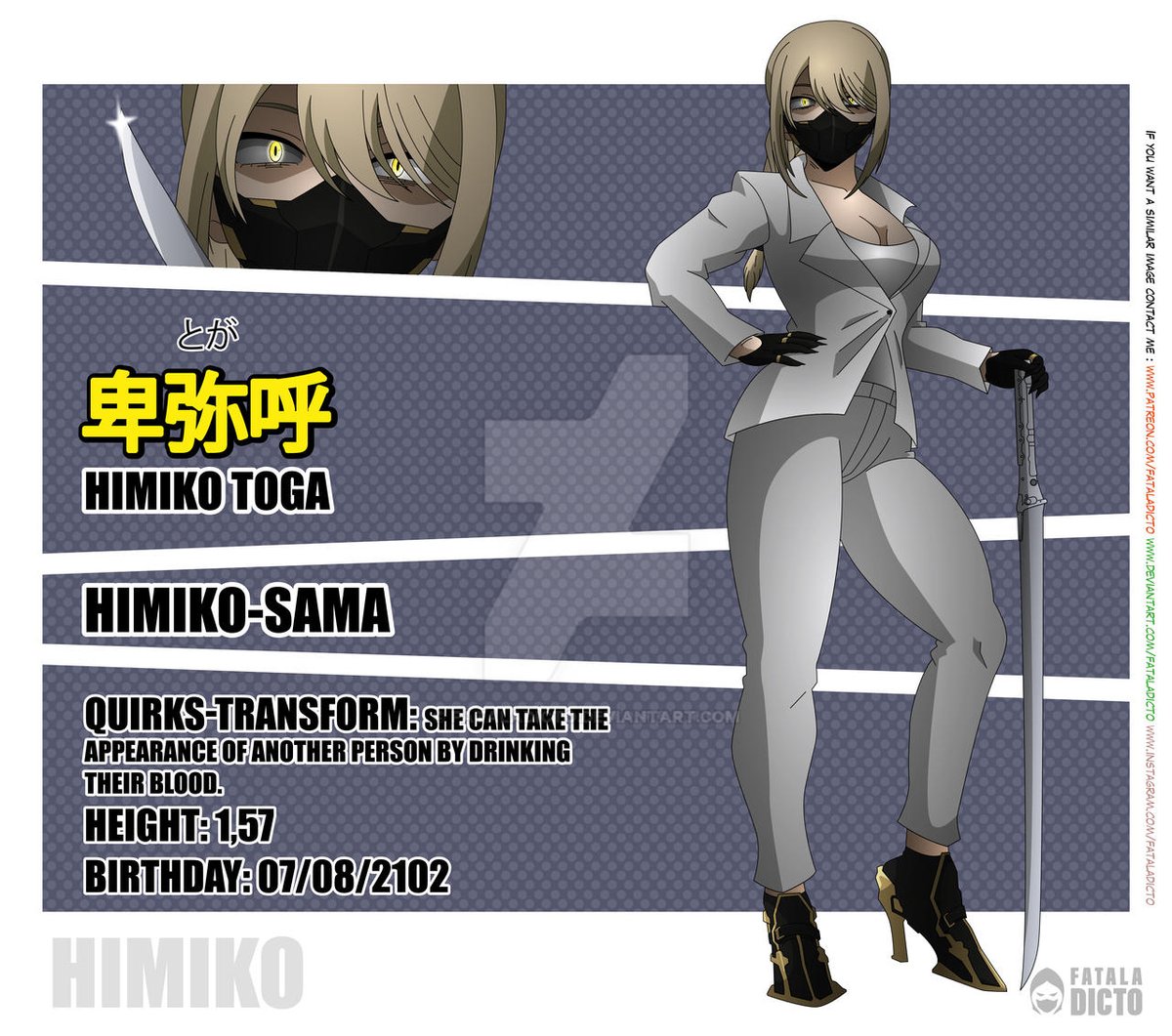 Fataladicto (@fataladicto) on Twitter photo Commission for <a href="/DragonstoneH/">DragonstoneH</a>
Inspired by Orphan Black's cold, selfish and calculating girlboss Rachel, this Himiko clone is the deadly Corpo Queen "Himiko-sama", enemy of her sister clones.
#himikotoga #togahimiko #MyHeroAcademia #MHA #BNHA #BokuNoHeroAcademia #toga Commission for <a href="/DragonstoneH/">DragonstoneH</a>
Inspired by Orphan Black's cold, selfish and calculating girlboss Rachel, this Himiko clone is the deadly Corpo Queen "Himiko-sama", enemy of her sister clones.
#himikotoga #togahimiko #MyHeroAcademia #MHA #BNHA #BokuNoHeroAcademia #toga