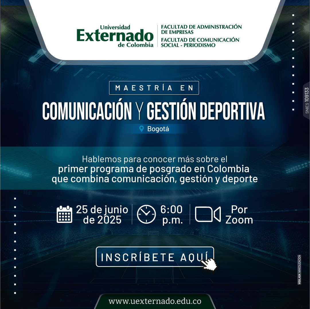 Comunicación, gestión y deporte. Conéctate en la Charla informativa de la Maestría en Comunicación y Gestión Deportiva.

🗓️ 25 de junio | 🕕 6:00 p.m. | 💻 Vía Zoom

Inscríbete aquí: uexternado.zoom.us/meeting/regist…