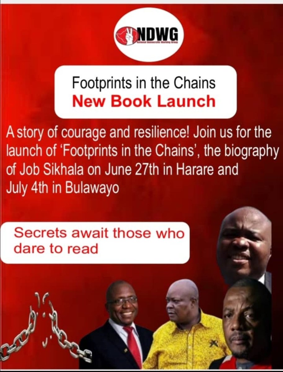 Don't miss out on the book launch, Footprints In The Chains, The Life Story of Job Sikhala. Scheduled to be unveiled on 27 June 2025 at Sapes Trust, Belgravia, Hre. Written by Pastor Munyaradzi Anguero Savanhu &amp; it dwells on Job Sikhala's biography.  Grab your copy on the launch.