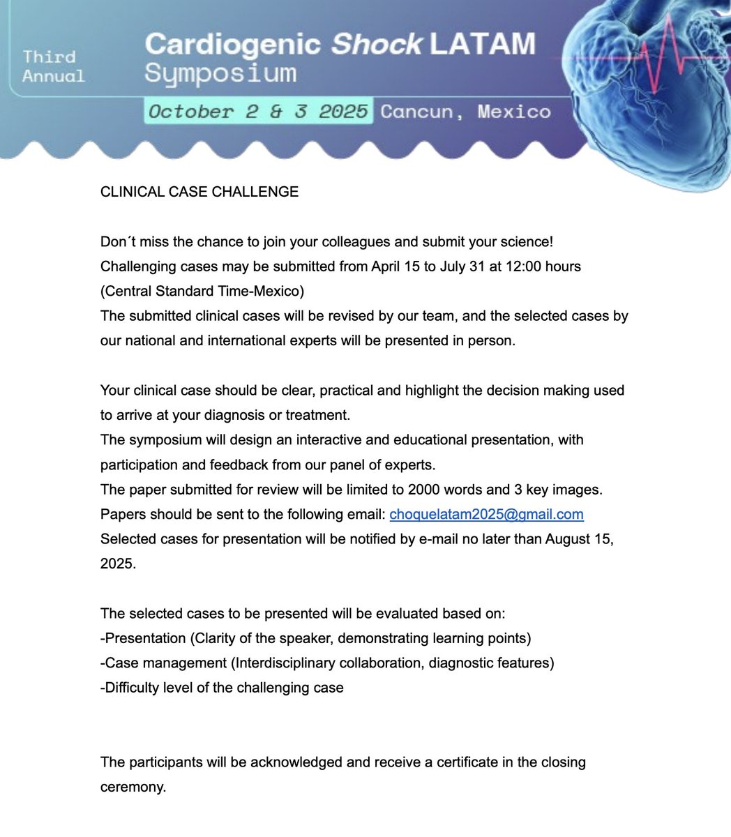 Vicente Jimenez-Franco MD 🇲🇽🫀 (@vicentejmzmd) on Twitter photo Fellows and early careers: Please submit you challenging CS case and get a chance to win a trip to present it in person this year at the Cardiogenic Shock LATAM Symposium in Cancun, Mexico.
<a href="/TecSaludMX/">TecSalud - Sistema de Salud del Tec de Monterrey</a> <a href="/cardiotecdemty/">Instituto de Cardiología y Medicina Vascular</a> <a href="/TecdeMonterrey/">Tecnológico de Monterrey</a> Fellows and early careers: Please submit you challenging CS case and get a chance to win a trip to present it in person this year at the Cardiogenic Shock LATAM Symposium in Cancun, Mexico.
<a href="/TecSaludMX/">TecSalud - Sistema de Salud del Tec de Monterrey</a> <a href="/cardiotecdemty/">Instituto de Cardiología y Medicina Vascular</a> <a href="/TecdeMonterrey/">Tecnológico de Monterrey</a>