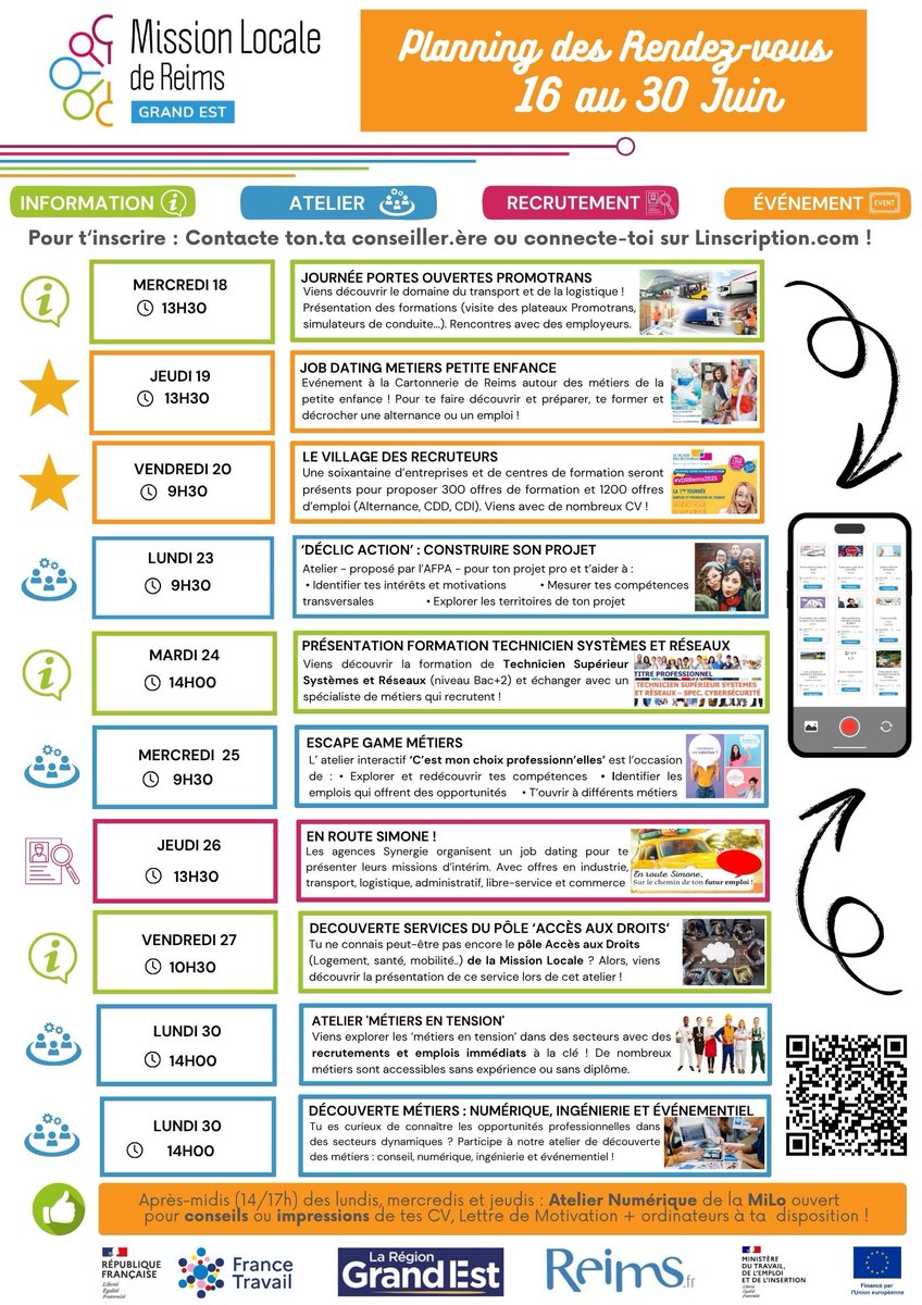 📢 Découvrez le planning des rendez-vous Milo Juin #2 diffusé sur nos réseaux et affiché sur nos murs!
Une sélection de 10 actions #Emploi,  #Formation, #VieQuotienne p. les jeunes (info, atelier, job dating, événement) av Job Dating Métiers Petite Enfance + #VillageDesRecruteurs