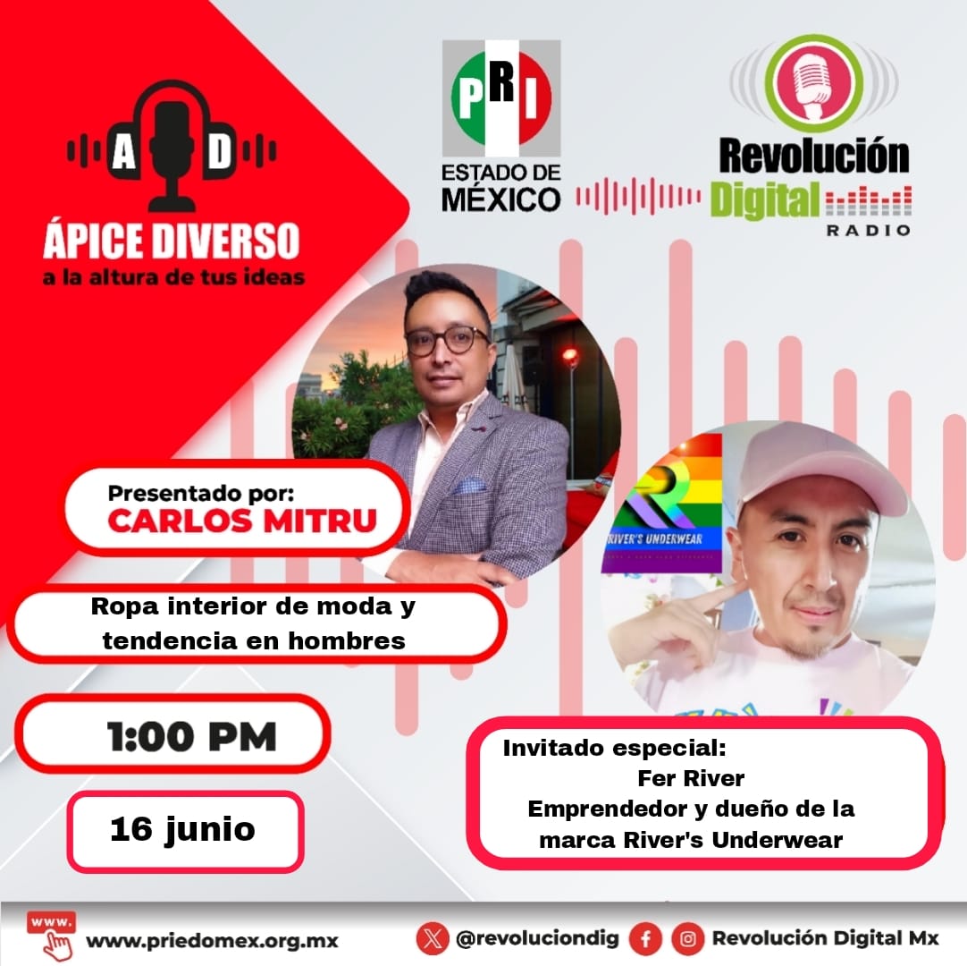 revoluciondig's tweet photo. Este lunes 16 de junio tendremos de invitado a: Fer River, en #ÁpiceDiverso Conduce  Carlos Mitru, sólo en #LaRadioDelPRI https://t.co/BpRCYkCB07 https://t.co/eAjXgHJ4Wb