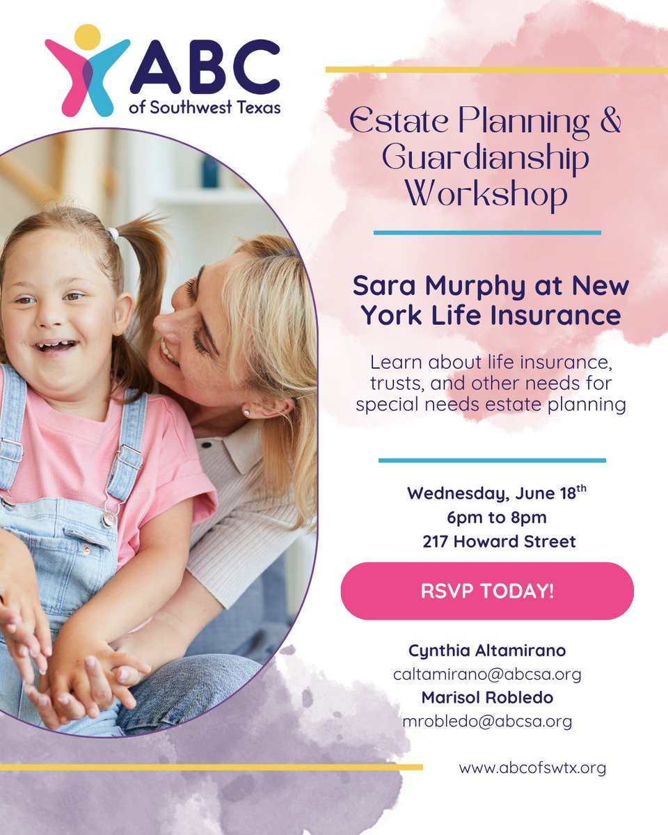 "Who will take care of my child when I am gone?" Join us this Wednesday, June 18th, at 6pm for an Estate Planning &amp; Guardianship Workshop to help answer the tough questions and give you peace of mind for your loved one's future.

We ask that RSVPs be made via email.
