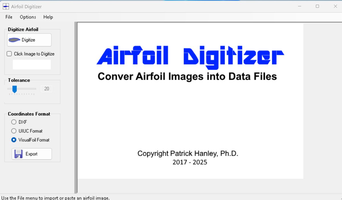 pat_hanley's tweet image. Airfoil Digitizer is a software that I wrote a few years ago.  It can selectively turn any picture into a double valued function, aka, airfoil coordinates 😀 It's not #AI.  It's mathematics, as is any respectable #airfoil shape. Learn more 👉 hanleyinnovations.com/airfoildigitiz…