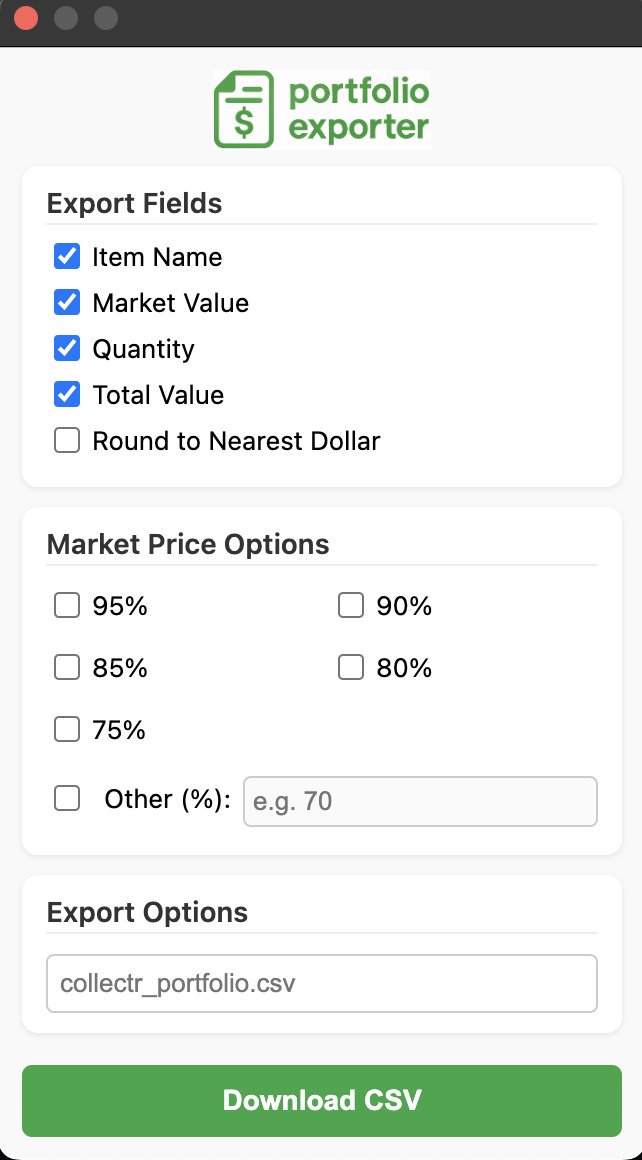 if anyone wants to export their Collectr portfolio into a CSV, try out my chrome extension. It exports the item name, market value, quantity and percentages off market value. github.com/JCreps/Collect…
