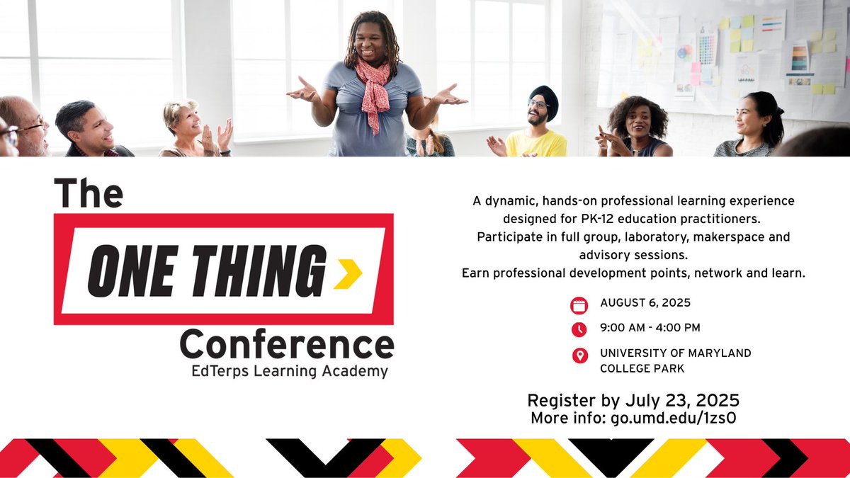 Hosted by our EdTerps Learning Academy, the One Thing Conference will bring together educators, school leaders and education professionals to explore One Thing-a single, impactful strategy or practice that can be implemented immediately. 

Register: go.umd.edu/1zs0