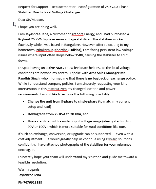 saubhadra's tweet photo. @AtandraEnergy Despite multiple emails and follow-ups, I’ve received no response regarding my Krykard 25 KVA 3-phase stabilizer issue. It shuts down below 150V, which is common in my rural area (Nirakarpur, Odisha).
With an active AMC, I expected support on this. https://t.co/k2V4viqmAo
