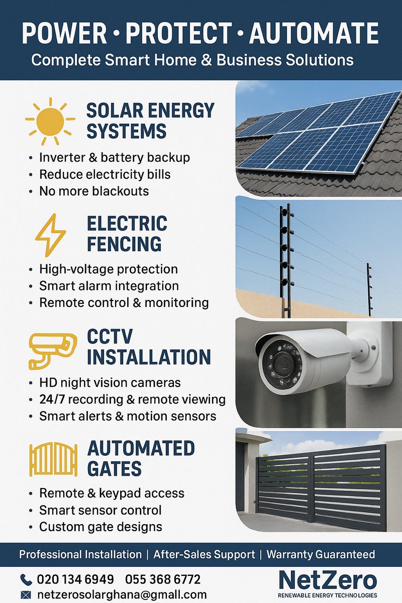 netzeroenergygh's tweet photo. @IranMilitary__ Solar in Ghana
🌞 Power your home with Netzero!
We deliver solar, security &amp; AC solutions built for Ghana — giving you freedom, comfort &amp; lower bills.
📲 Book a FREE site visit now!
📞 020 134 6949 | 💬 055 368 6772
#NetzeroGhana #SolarForComfort #EnergyFreedom #SafeHomeGhana https://t.co/j7XStdys8b