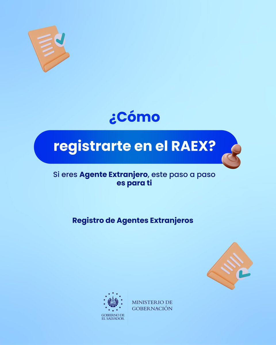 GobernacionSV's tweet photo. 📌 Si eres Agente Extranjero, regístrate en el RAEX. En este hilo te mostramos el paso a paso.
Tienes 90 días desde la entrada en vigor de la Ley de Agentes Extranjeros.

Contáctanos:
📩 atencionalusuario.raex@gobernacion.gob.sv
📱 WhatsApp: 7070-3516

🧵 (1/3)
#RAEX #LeyDeAgentesExtranjeros
