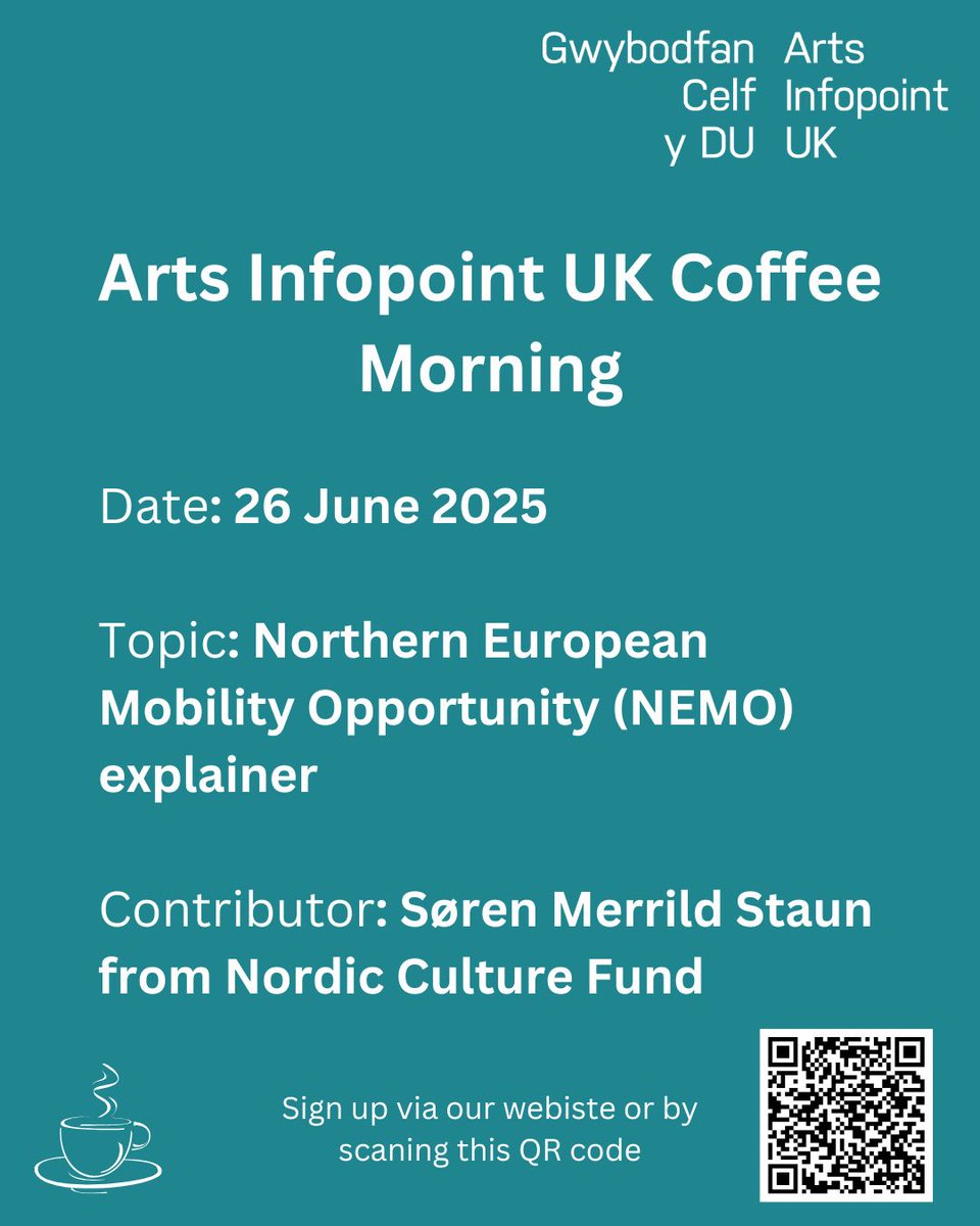 Our next coffee morning will be on the 26th of June at 10am UK time. Søren Merrild Staun from Nordic Culture Fund will join us to provide an overview of the Northern European Opportunity (NEMO)

Register here: artsinfopointuk.com/events/interna…