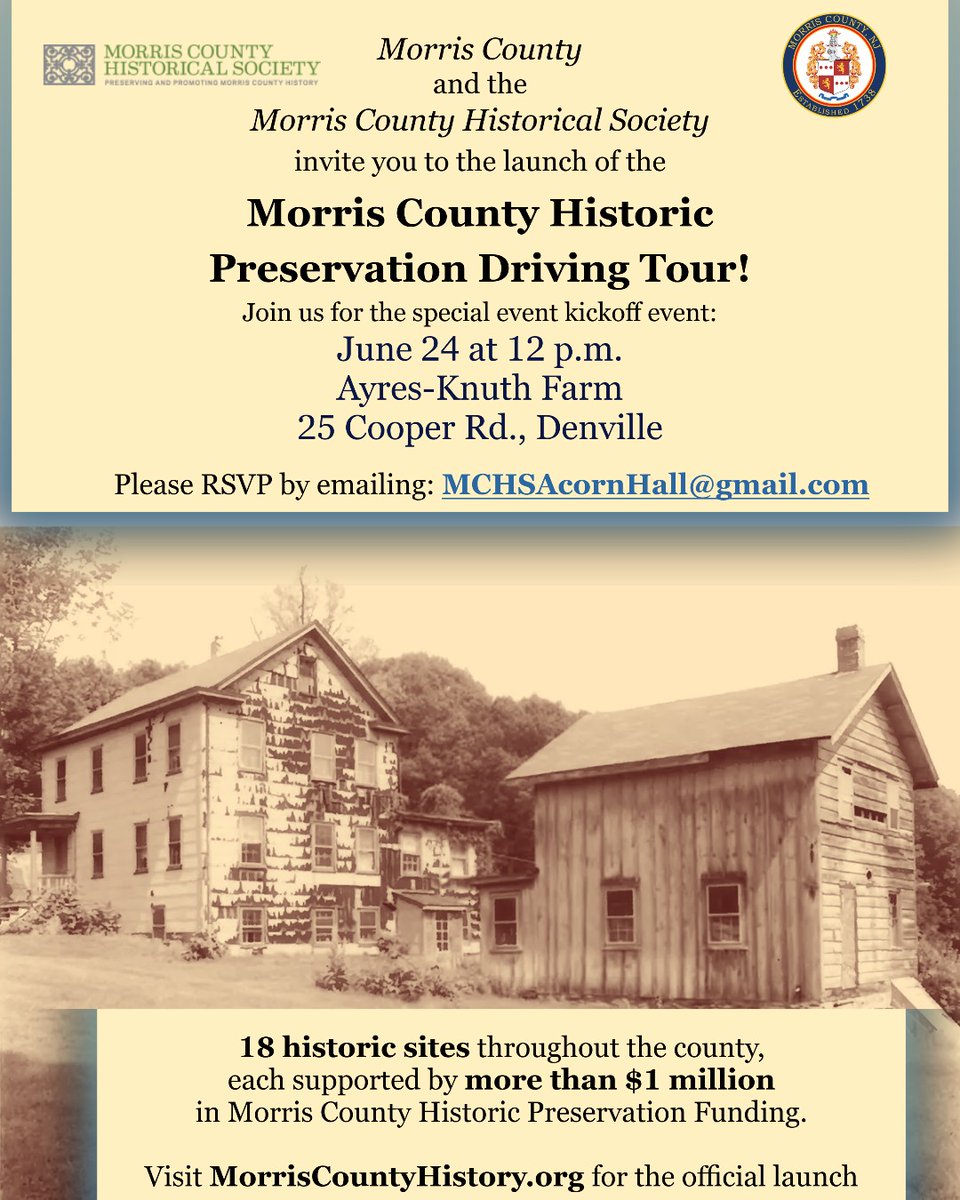 Join us June 24 at 12 p.m. for the Morris County Historic Preservation Driving Tour launch! More info: ow.ly/vEXv50WaeUH