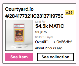 Courtyard ranks🥈in trading volume today -just behind Punks with nearly $1M-, and is #25 in our top sales ranking

A 1999 Pokémon Game #4 Charizard - 1st Edition Holo (PSA 8 NM-MT) sold for almost $11K 📈