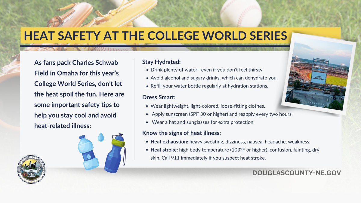 Omaha is heating up! ☀️ Stay cool at the College World Series—check out the heat safety tips below before heading to <a href="/CharlesSchwabFO/">Charles Schwab Field Omaha</a>. You can find daily game schedules, parking, stadium policies and more here: ncaa.com/championships/…

#CWS2025 #HeatSafety #CollegeWorldSeries
