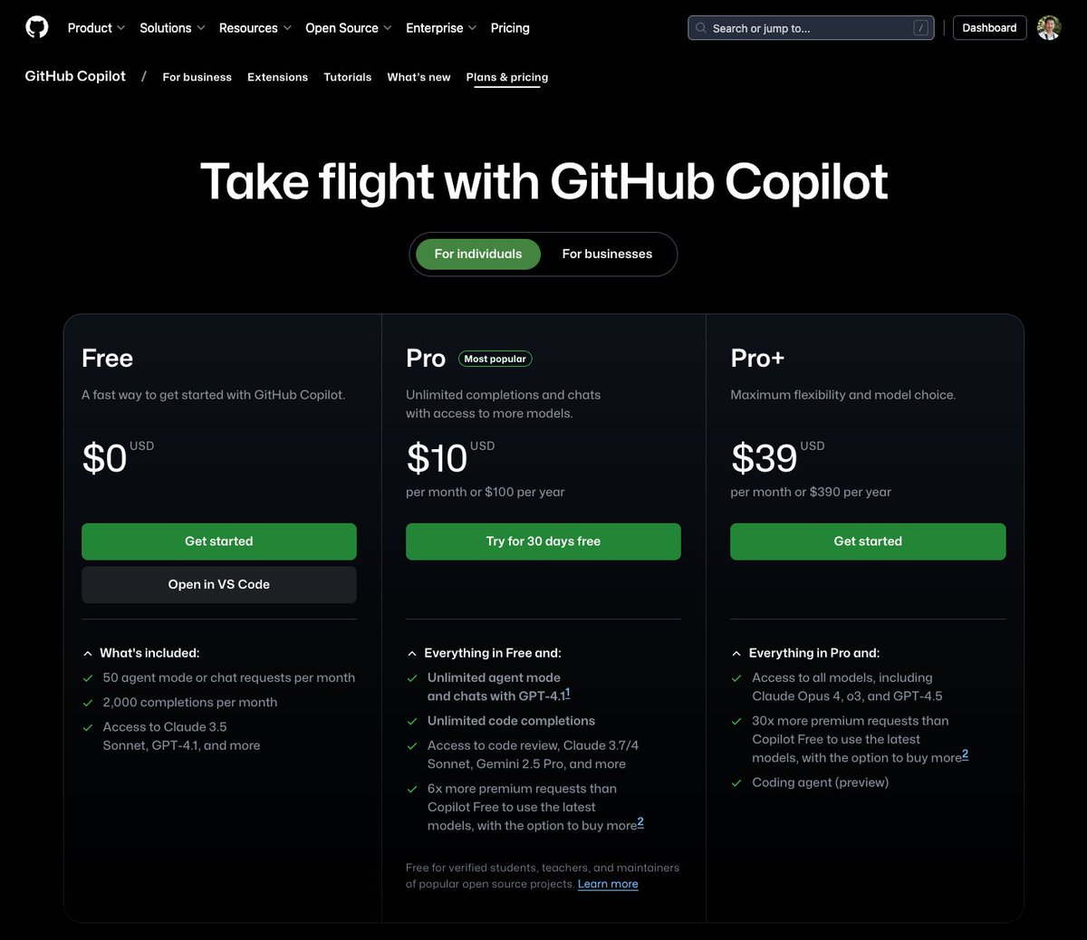 才知道 GitHub Copilot 还有 $39 那一档，能访问Claude Opus 4, o3, and GPT-4.5，还能用Coding agent