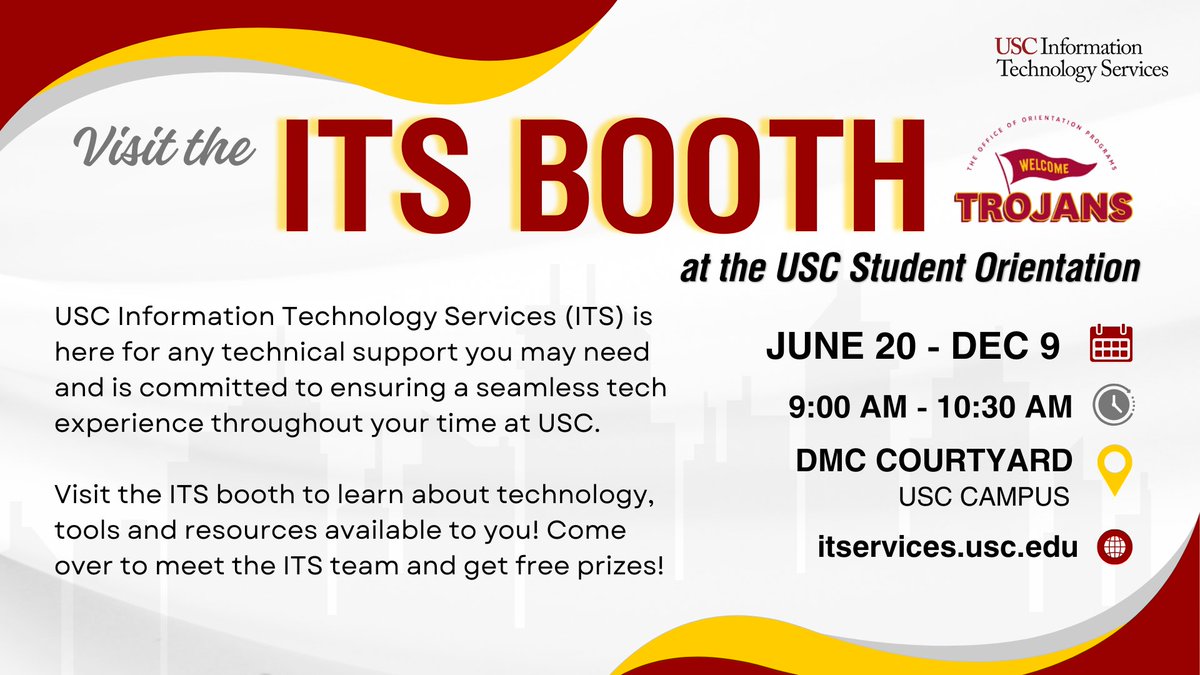 USCITServices's tweet photo. New Trojans! Visit the ITS Booth at USC Orientation! Explore tech, career tips & cool giveaways June–July, 9–10:30am at DMC Courtyard! Start your USC journey with innovation.
#USCOrientation #ITSTrojans #TechAtUSC #FightOn https://t.co/DWQOKSB43M
