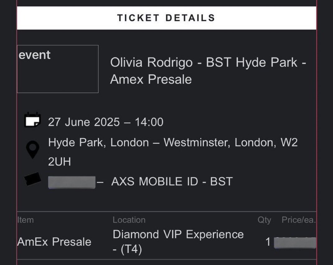 WTS ONE (1) OLIVIA RODRIGO - BST HYDE PARK DIAMOND VIP EXPERIENCE TICKET!! PLS DM IF INTERESTED!!