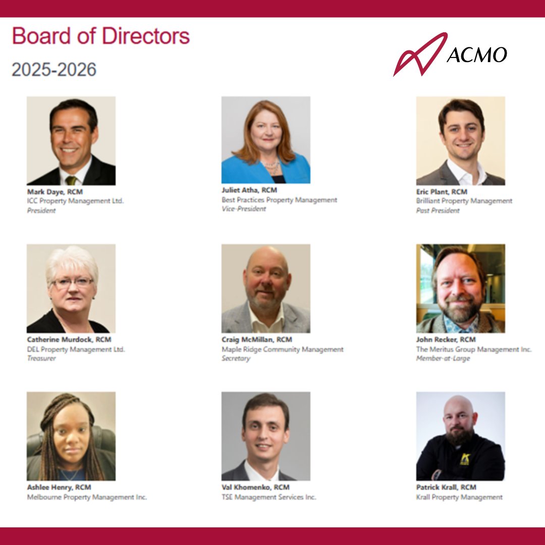 Thank you to all who attended the ACMO AGM on Friday. Members elected the 2025-26 Board of Directors, and new officers were appointed at the Board Meeting following the AGM. 
ow.ly/gRQZ50WaeZi 

#ACMO #ACMOlife #ACMOnews #CondoManagersOfOntario