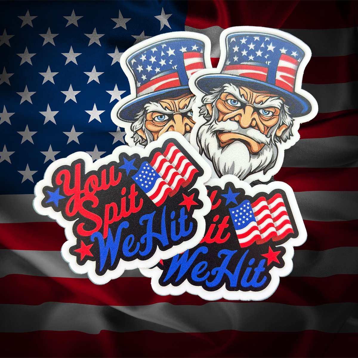 🔥 NEW DROP for the bold &amp; patriotic 

You wanted stickers that don’t flinch.
We delivered.

💥 The “You Spit / We Hit” 4-pack is here:
• 2 badass Uncle Sams
• 2 red-white-and-ruthless flag designs

Perfect for your:
• Cooler
• Truck window
• Water bottle
• Range case
•