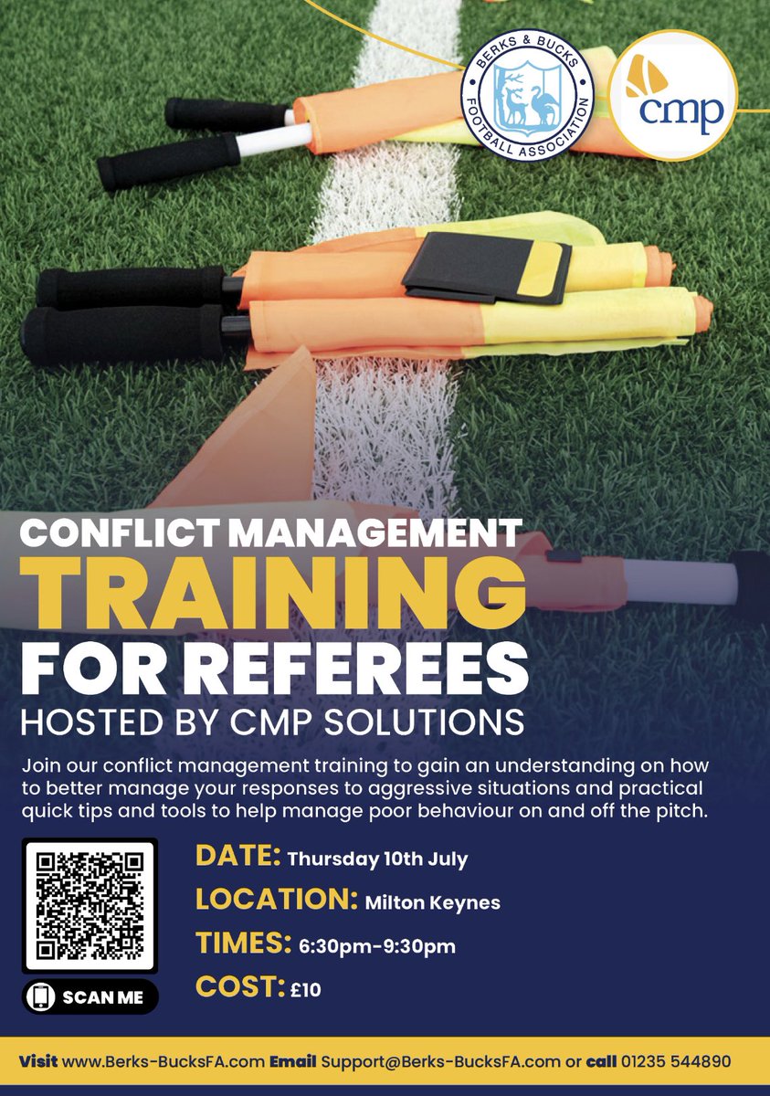 🚨Referee CPD 🚨

Join us in Milton Keynes on 10th July as we host CMP solutions who will deliver a bespoke session for referees on how to deal with conflict both on the field and the sidelines. Practical tips will be given to deal effectively with this 

Sign up below