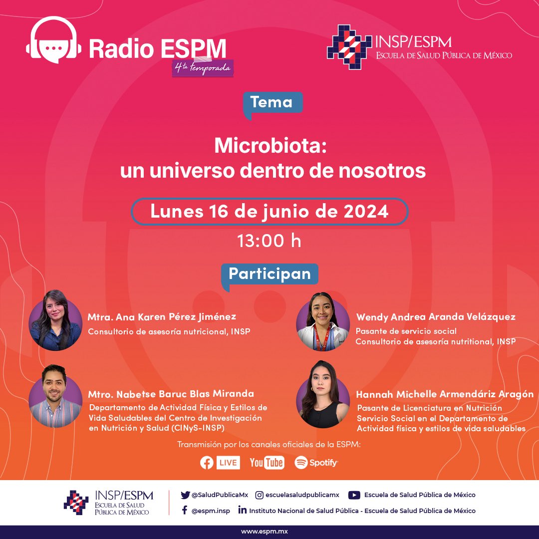 ¡Hoy en #RadioESPM! 🔔 ¿Sabías que en tu cuerpo habitan billones de microorganismos que influyen en tu salud física y mental? 💭 Te invitamos a descubrir este fascinante mundo 🎙️

📆 Lunes 16 de junio, 13:00 h
🔴 En vivo vía Facebook y YouTube

#ComunidadQueAprende #ESPM #INSP