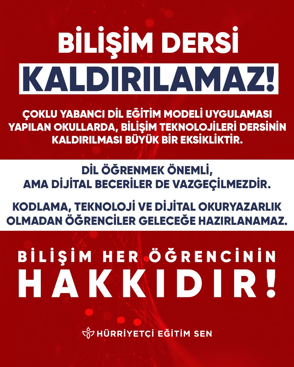 Emrah Gültekin (@emrahgultekin25) on Twitter photo Çoklu yabancı dil eğitim modeli uygulaması yapılan okullarda, Bilişim Teknolojileri dersinin kaldırılması büyük bir eksikliktir.
<a href="/HurEgitimSen/">Hürriyetçi Eğitim Sen Genel Merkezi</a>
<a href="/leventkuruoglu/">Levent Kuruoğlu</a>
<a href="/tcmeb/">Millî Eğitim Bakanlığı</a> Çoklu yabancı dil eğitim modeli uygulaması yapılan okullarda, Bilişim Teknolojileri dersinin kaldırılması büyük bir eksikliktir.
<a href="/HurEgitimSen/">Hürriyetçi Eğitim Sen Genel Merkezi</a>
<a href="/leventkuruoglu/">Levent Kuruoğlu</a>
<a href="/tcmeb/">Millî Eğitim Bakanlığı</a>