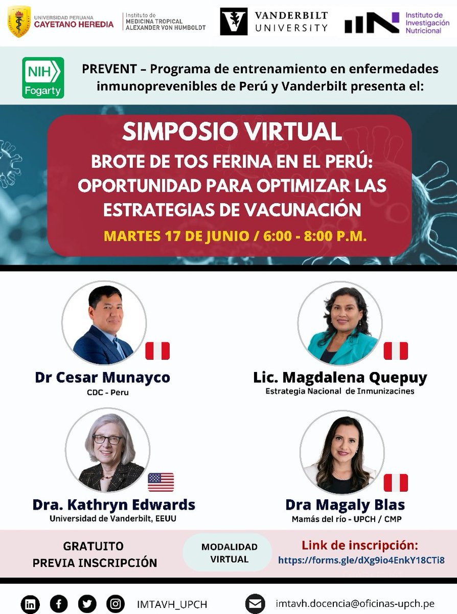 ¿Por qué aún hay brotes de tos ferina en zonas rurales?
Este martes 17/06, <a href="/MagalyBlasB/">Magaly Blas</a> hablará sobre causas estructurales y brechas de acceso en el simposio de <a href="/CayetanoHeredia/">Universidad Peruana Cayetano Heredia</a>.
🕕 6–8 p.m.
💻 Zoom: upch.zoom.us/j/94961783643
📝 Regístrate: forms.gle/dXg9io4EnkY18C…
#SaludComunitaria