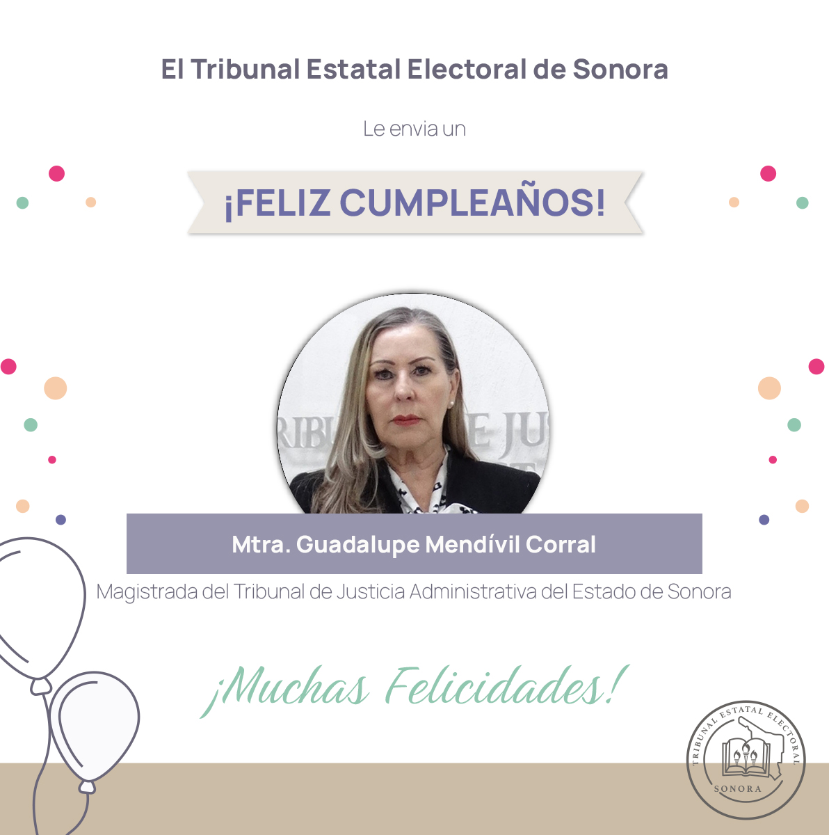 🎉 ¡Feliz cumpleaños, Mtra. Guadalupe Mendívil Corral <a href="/lupitamenc16/">Guadalupe Mendivil</a>, Magistrada del Tribunal de Justicia Administrativa! <a href="/TJASonora/">TJA Sonora</a> 
Le deseamos un excelente día lleno de alegría y éxito. Que este nuevo año esté lleno de grandes logros y satisfacciones. ¡Muchas felicidades!