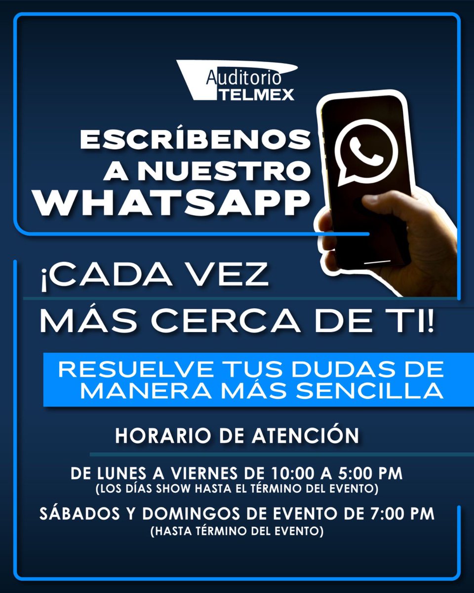 📲 ¡Ahora estamos a un mensaje de distancia!
¿Tienes dudas sobre tu evento, boletos o accesos?
Escríbenos por WhatsApp y recibe atención directa y sencilla.

Solo da clic aquí: ⬇️
bit.ly/WhatsApp-Audit…

🕐 Consulta nuestros horarios de atención en la imagen.