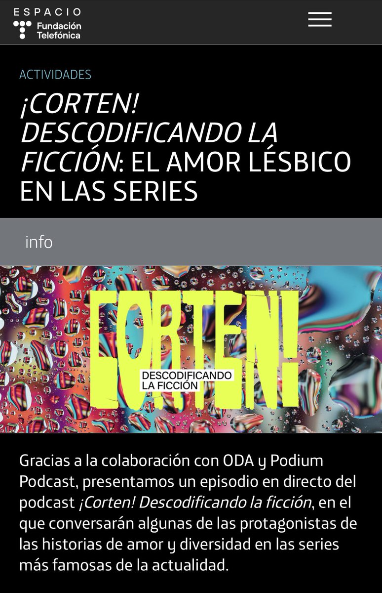 María Jesús Espinosa de los Monteros García (@mjesusespinosa) on Twitter photo El próximo 20 de junio en <a href="/EspacioFTef/">Espacio Fundación Telefónica</a> grabaremos el podcast ‘¡Corten!: el amor lésbico en las series’ desde <a href="/PodiumPodcast/">Podium Podcast</a> y ODA con motivo del Orgullo. Con Carol Rovira, Alba Brunet y Lucía G. Romero.Presentado por <a href="/JesusBlanquino/">Jesús Blanquiño</a> y <a href="/jorgegonzalo/">Jorge Gonzalo</a>. Info⬇️ espacio.fundaciontelefonica.com/?p=91525 El próximo 20 de junio en <a href="/EspacioFTef/">Espacio Fundación Telefónica</a> grabaremos el podcast ‘¡Corten!: el amor lésbico en las series’ desde <a href="/PodiumPodcast/">Podium Podcast</a> y ODA con motivo del Orgullo. Con Carol Rovira, Alba Brunet y Lucía G. Romero.Presentado por <a href="/JesusBlanquino/">Jesús Blanquiño</a> y <a href="/jorgegonzalo/">Jorge Gonzalo</a>. Info⬇️ espacio.fundaciontelefonica.com/?p=91525