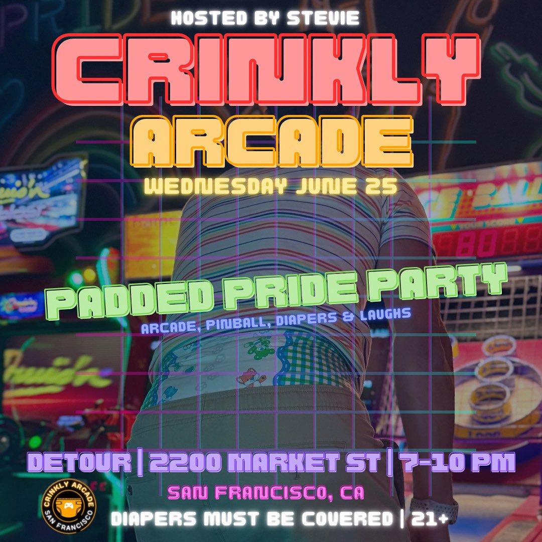 LilStevie_Boy's tweet photo. Important Update: Crinkly Arcade has been moved to Wednesday, 6/25.

Crinkly Arcade - Padded Pride Party is Wednesday, June 25 from 7-10pm at Detour. 🕹️👾 https://t.co/XoFJsntABC