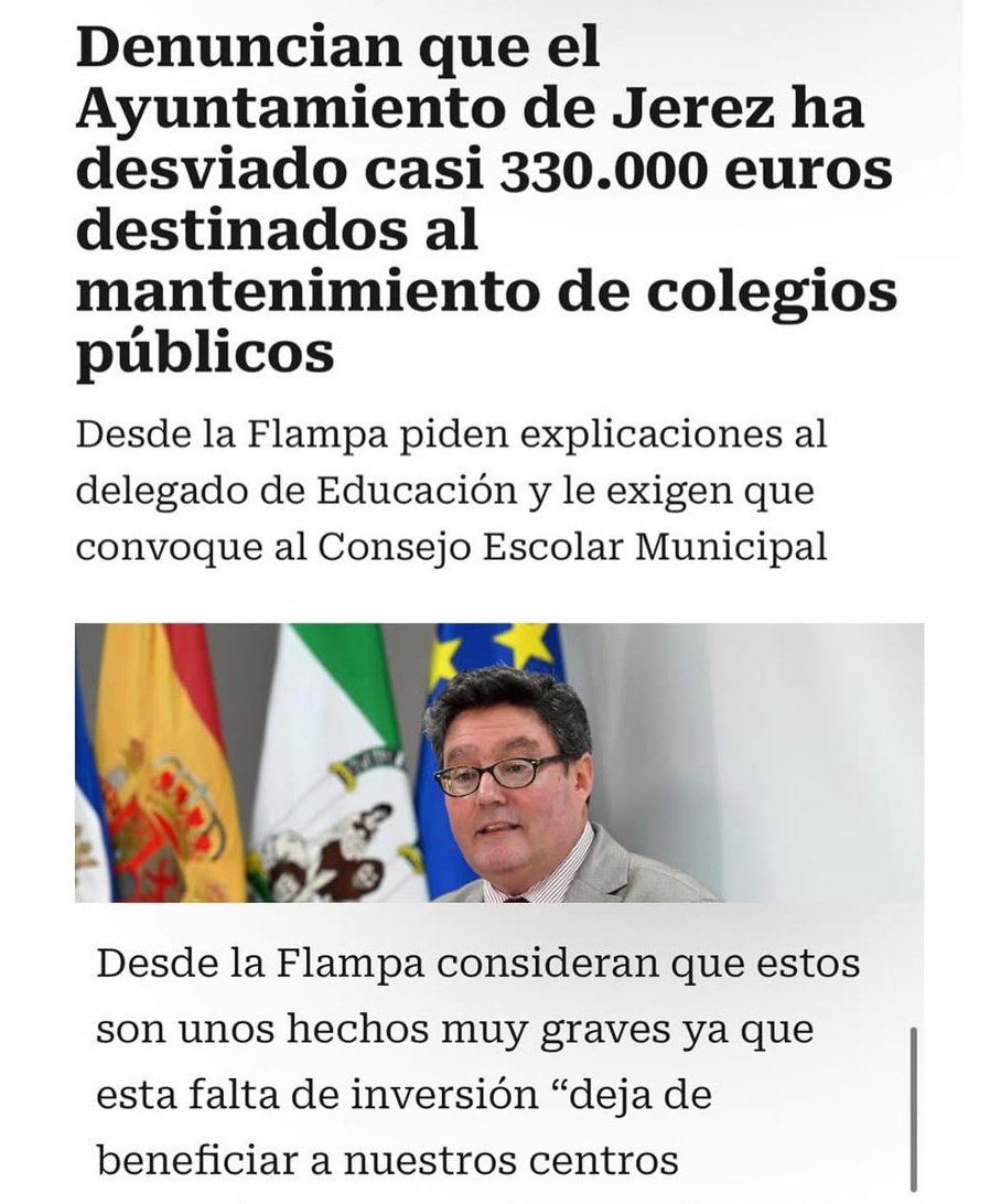 Nos sumamos a @flampajerez y pedimos explicaciones al Ayuntamiento de Jerez por el desvío de más de 300.000 euros destinados al mantenimiento de los colegios públicos.
¿Dónde está el dinero para instalaciones, reparaciones, climatización...?