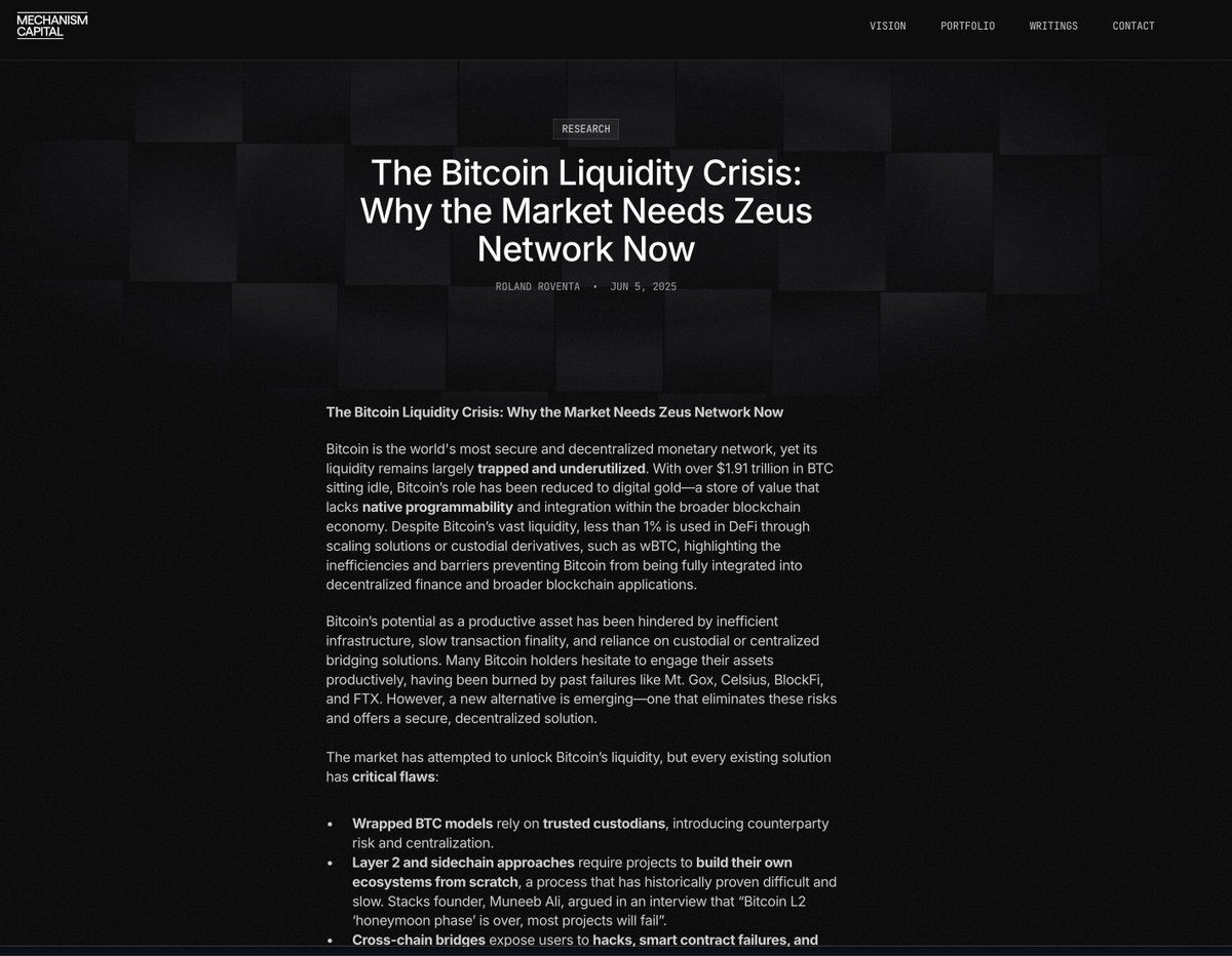 MartyParty (@martypartymusic) on Twitter photo The #Bitcoin Liquidity Crisis: Why the Market Needs #Zeus Network Now
mechanism.capital/writings/the-bโฆ
IMO: <a href="/HyperliquidX/">Hyperliquid</a> #CEX'es and bridged assets will all become redundant when institutions discover this <a href="/ZeusNetworkHQ/">Zeus Network (EPOCH 8)</a> innovation.
Beyond Bridges: The First Truly Permissionless BTC The #Bitcoin Liquidity Crisis: Why the Market Needs #Zeus Network Now
mechanism.capital/writings/the-bโฆ
IMO: <a href="/HyperliquidX/">Hyperliquid</a> #CEX'es and bridged assets will all become redundant when institutions discover this <a href="/ZeusNetworkHQ/">Zeus Network (EPOCH 8)</a> innovation.
Beyond Bridges: The First Truly Permissionless BTC