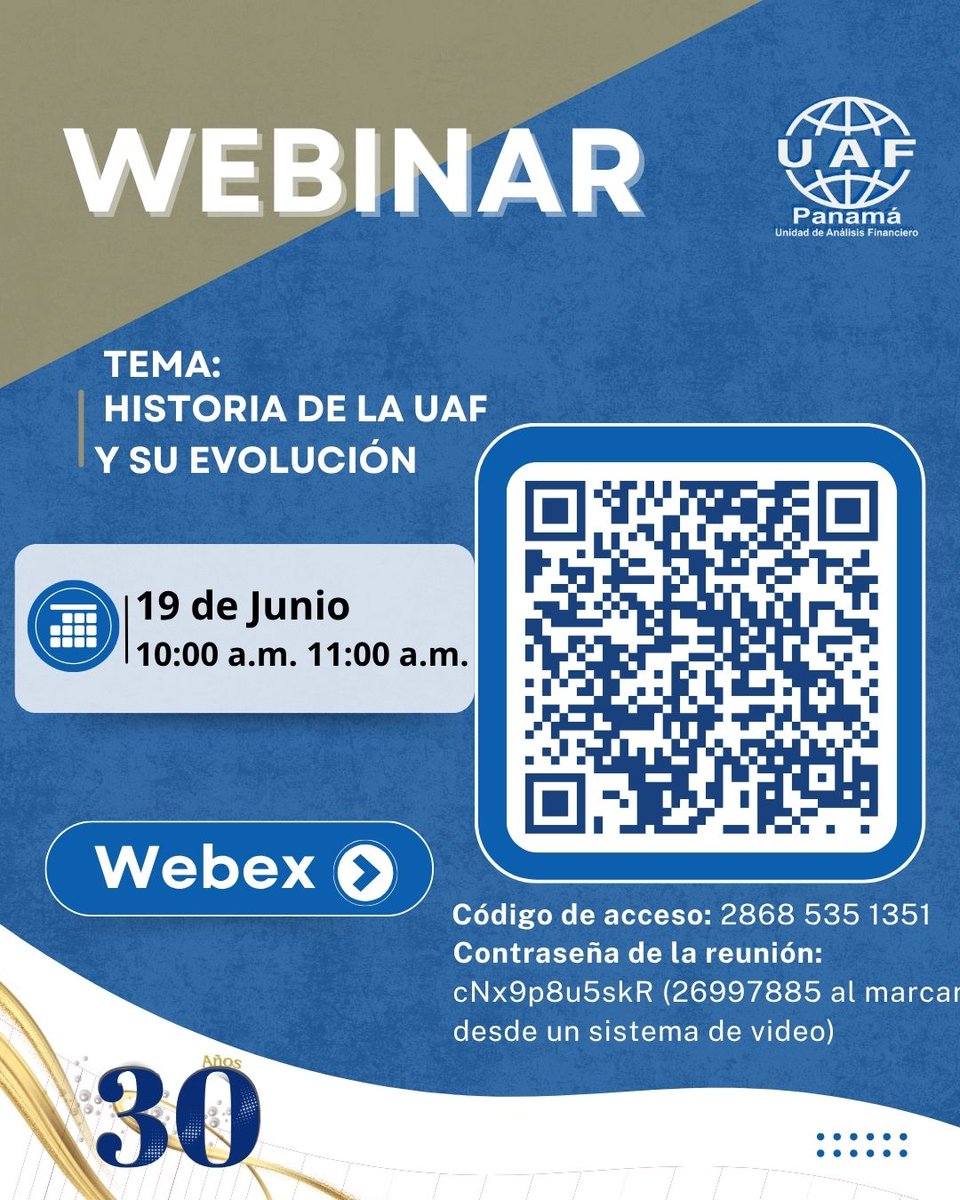 La UAF les invita a participar en el webinar “Historia de la UAF y su evolución”, dirigido a todo público.

Fecha: 19 de junio
Hora: 10:00 a.m.

Al momento de ingresar a la plataforma WEBEX, procure utilizar como USUARIO su nombre completo

uaf.webex.com/uaf/j.php?MTID…